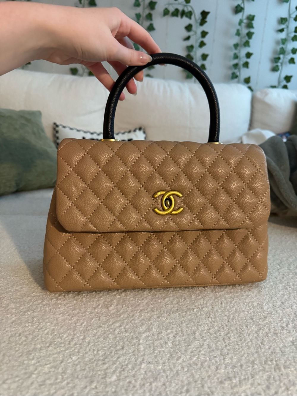 Quilted Top Handle Bag in Tan with Black Handle